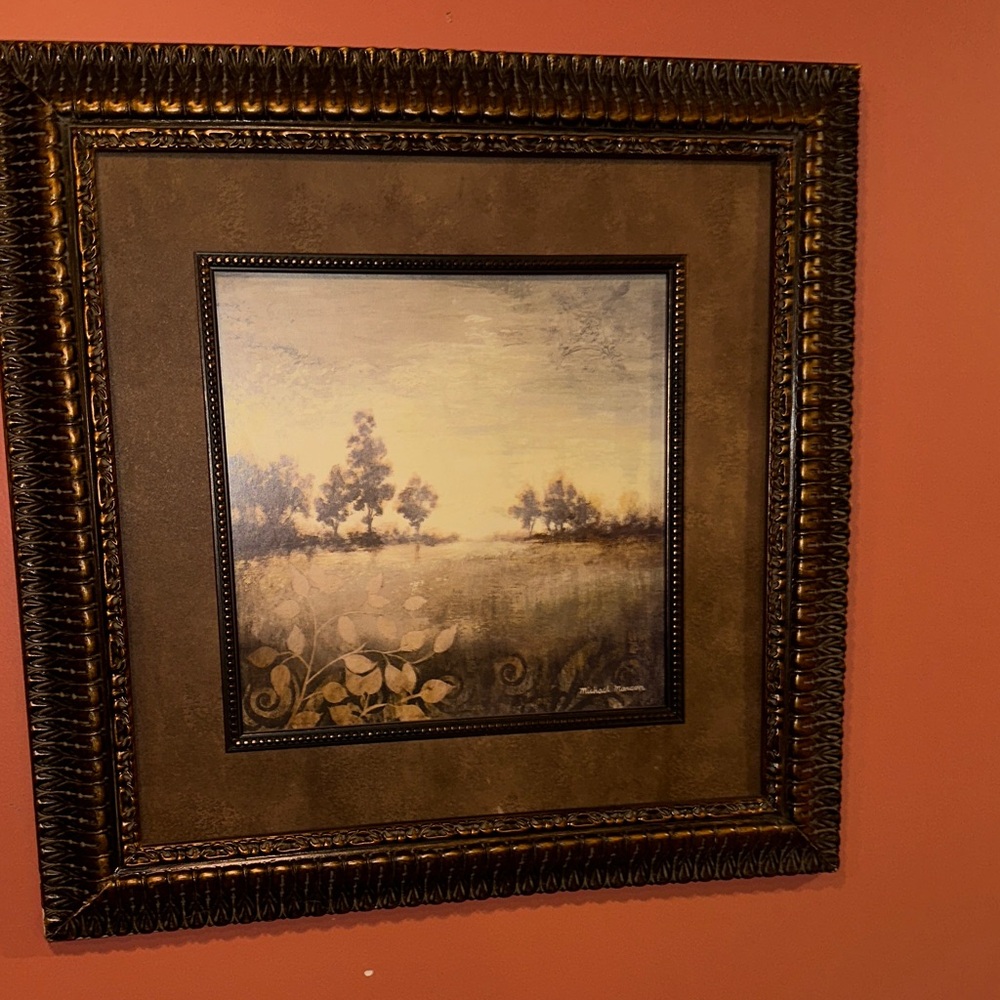 Framed Landscape Art with Wooden Ornate Border